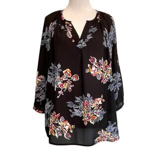 Cynthia Rowley Floral Top Womens Large Black Split Neck Career Office Blouse